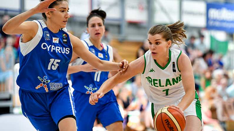 28 June 2018; Claire Rockall of Ireland in action against Sofia Theologou of Cyprus during the FIBA 2018 Women's European Championships for Small Nations Group B match between Ireland and Cyprus at Mardyke Arena, Cork, Ireland. Photo by Brendan Moran/Sportsfile