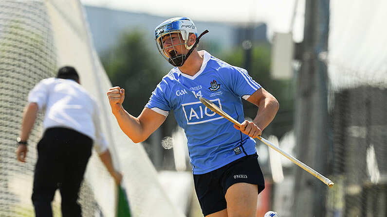 30 June 2018; Luke Swan of Dublin celebrates after scoring his side's 6th goal during the Electric Ireland Leinster GAA Hurling Minor Championship Final match between Dublin and Kilkenny at O'Moore Park in Portlaoise, Laois. Photo by Ray McManus/Sportsfile