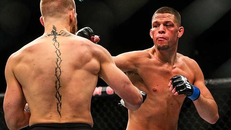 6 March 2016; Nate Diaz, right, in action against Conor McGregor during their welterweight bout. UFC 196: McGregor v Diaz. MGM Grand Garden Arena, Las Vegas, NV, USA. Picture credit: Mark J. Rebilas / SPORTSFILE