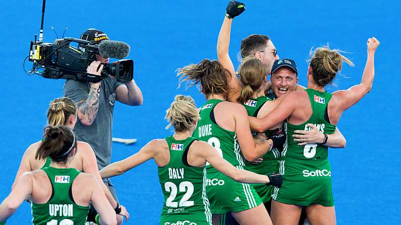 2 August 2018; Ireland head coach Graham Shaw celebrates with Ireland players after the Women's Hockey World Cup Finals Quarter-Final match between Ireland and India at the Lee Valley Hockey Centre in QE Olympic Park, London, England. Photo by Craig Mercer/Sportsfile