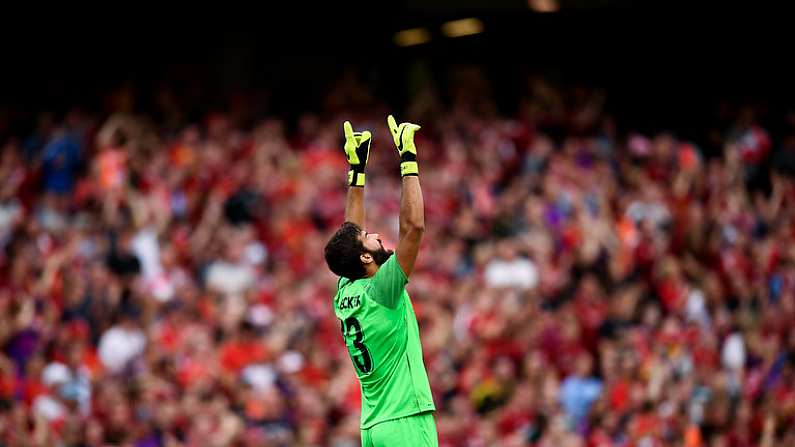 4 August 2018; Alisson Becker of Liverpool celebrates his side's fourth goal during the Pre Season Friendly match between Liverpool and Napoli at the Aviva Stadium in Dublin. Photo by Stephen McCarthy/Sportsfile