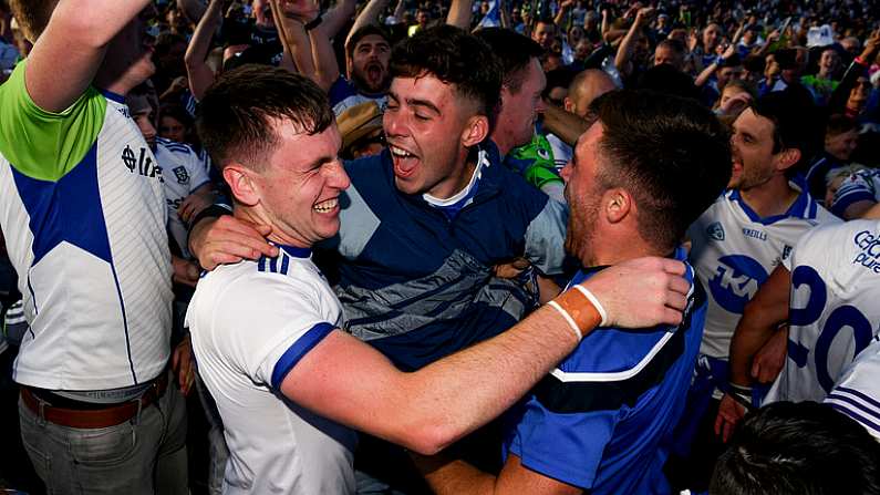 4 August 2018; Niall Kearns of Monaghan celebrates with supporters after the GAA Football All-Ireland Senior Championship Quarter-Final Group 1 Phase 3 match between Galway and Monaghan at Pearse Stadium in Galway. Photo by Diarmuid Greene/Sportsfile