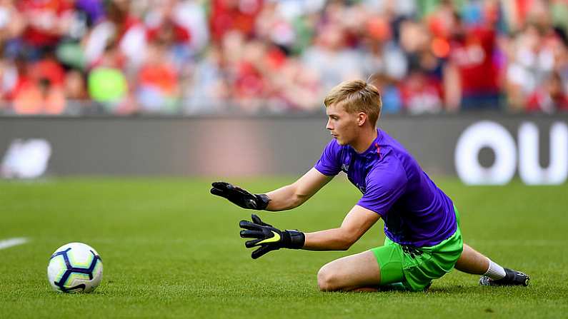 4 August 2018; Caoimhin Kelleher of Liverpool warms up prior to the Pre Season Friendly match between Liverpool and Napoli at the Aviva Stadium in Dublin. Photo by Seb Daly/Sportsfile