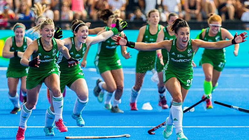 4 August 2018; Chloe Watkins, left, and Anna O'Flanagan of Ireland celebrates victory with team-mates after a sudden death penalty shootout during the Women's Hockey World Cup Finals semi-final match between Ireland and Spain at the Lee Valley Hockey Centre in QE Olympic Park, London, England. Photo by Craig Mercer/Sportsfile