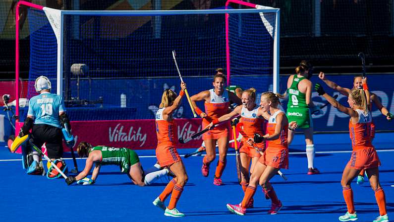 5 August 2018; Netherlands players celebrate their third goal during the Women's Hockey World Cup Final match between Ireland and Netherlands at the Lee Valley Hockey Centre in QE Olympic Park, London, England. Photo by Craig Mercer/Sportsfile