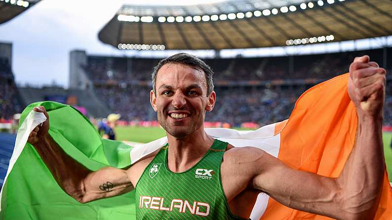 9 August 2018; Thomas Barr of Ireland celebrates after winning a bronze medal following the Men's 400mH Final during Day 3 of the 2018 European Athletics Championships at The Olympic Stadium in Berlin, Germany. Photo by Sam Barnes/Sportsfile