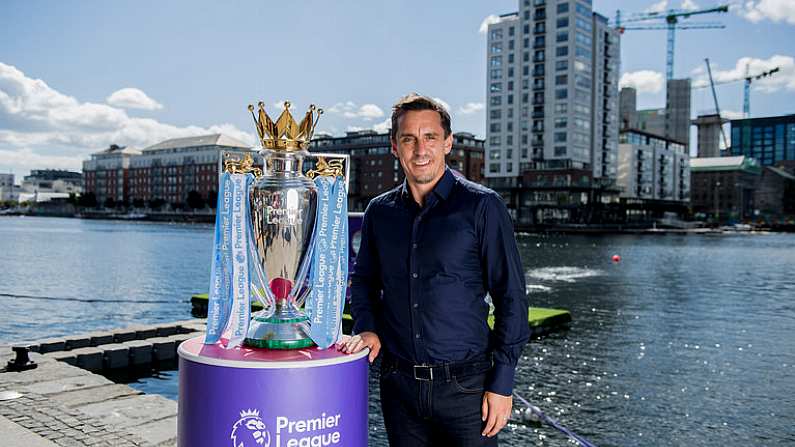 9 August 2018; England and Manchester United football legend Gary Neville touched down in Dublin today to officially launch the second year of Cadburys partnership with the Premier League, as Official Snack Partner. Accompanied by the Premier League Trophy, Gary paid a visit to Dublins Grand Canal Square to take part in the Cadbury Premier League Kicking Challenge  a penalty shootout where football fans were given the opportunity to win prizes, including flights and Premier League tickets, by scoring goals on a floating pontoon, in Grand Canal Dock. Photo by Ramsey Cardy/Sportsfile