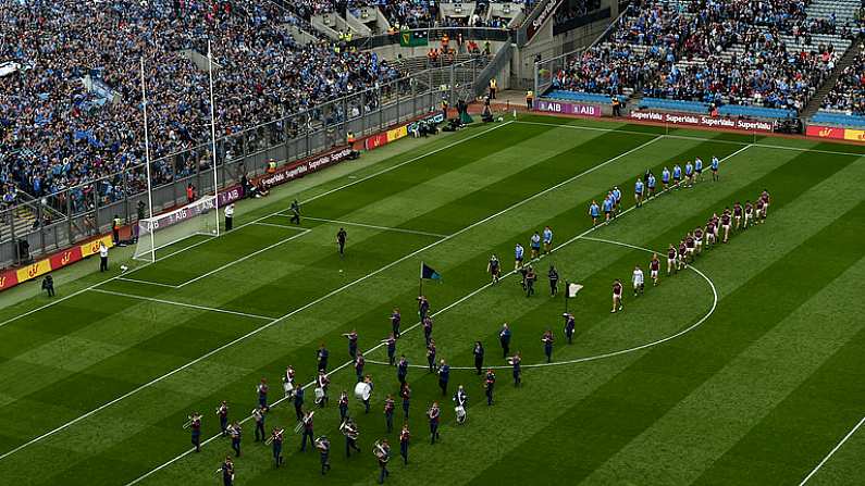 11 August 2018; The Dublin and Galway teams march behind the Artane School of Music Band ahead of the GAA Football All-Ireland Senior Championship semi-final match between Dublin and Galway at Croke Park in Dublin. Photo by Daire Brennan/Sportsfile