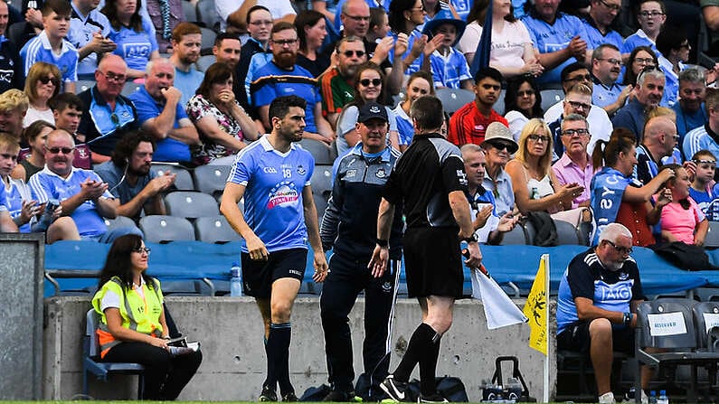 5 August 2018; Bernard Brogan of Dublin with his manager Jim Gavin as he prepares to come on as a substitute in the second half during the GAA Football All-Ireland Senior Championship Quarter-Final Group 2 Phase 3 match between Dublin and Roscommon at Croke Park in Dublin. Photo by Piaras O Midheach/Sportsfile