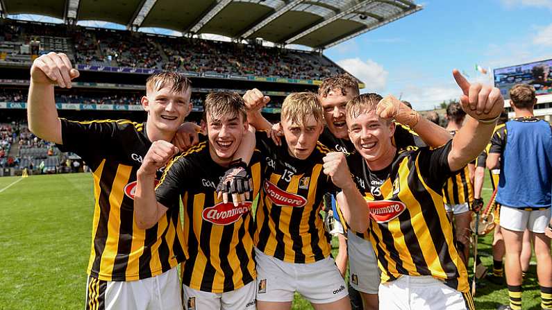 29 July 2018; Kilkenny players, from left, George Murphy, Darragh Maher, Cathal O'Leary, Dan Coogan and Jack Buggy celebrate after the Electric Ireland GAA Hurling All-Ireland Minor Championship Semi-Final match between Tipperary and Kilkenny at Croke Park, Dublin. Photo by Piaras O Midheach/Sportsfile