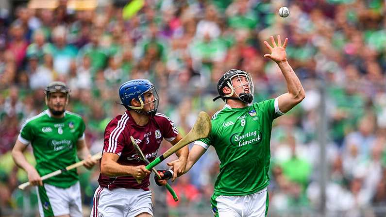 19 August 2018; Darragh O'Donovan of Limerick in action against Johnny Coen of Galway during the GAA Hurling All-Ireland Senior Championslhip Final match between Galway and Limerick at Croke Park in Dublin.  Photo by Ramsey Cardy/Sportsfile