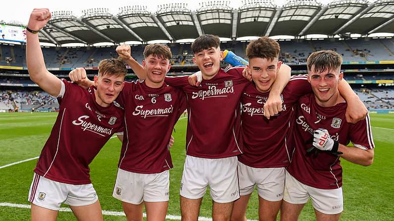 11 August 2018; Galway players, from left, Sean Black, Tony Gill, Conor Halbard, Tomo Culhane, and Cathal Sweeney celebrate after the Electric Ireland GAA Football All-Ireland Minor Championship semi-final match between Galway and Meath at Croke Park in Dublin. Photo by Piaras O Midheach/Sportsfile