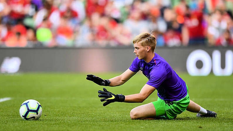 4 August 2018; Caoimhin Kelleher of Liverpool warms up prior to the Pre Season Friendly match between Liverpool and Napoli at the Aviva Stadium in Dublin. Photo by Seb Daly/Sportsfile