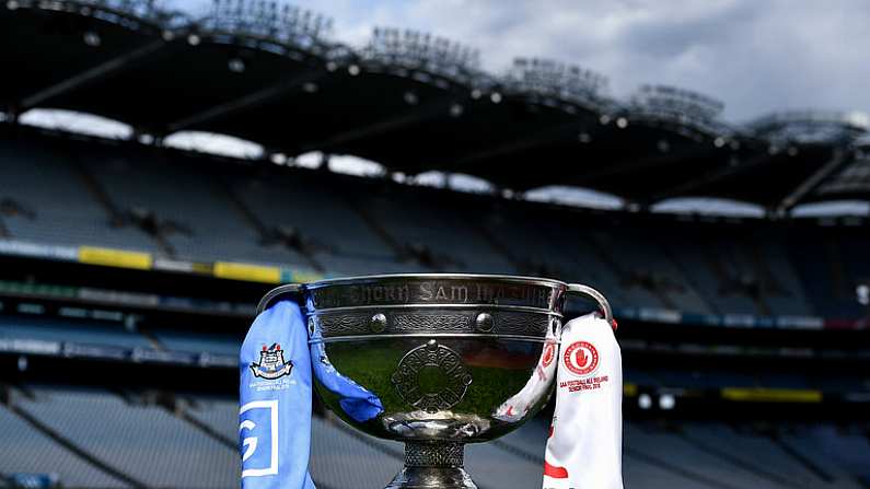 30 August 2018; The Sam Maguire Cup with the Dublin and Tyrone jerseys prior to the GAA Football All-Ireland Senior Championship Final at Croke Park, Dublin. Photo by Brendan Moran/Sportsfile