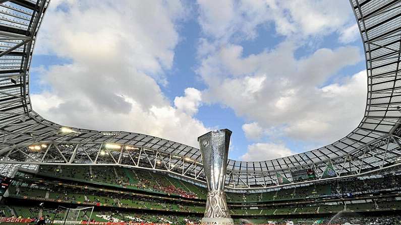 19 September 2014; The hosting of three UEFA EURO 2020 group games and one round of sixteen fixture will take place in the Aviva Stadium, Dublin. 
This file picture shows a general view of the UEFA Europa League trophy before the game. UEFA Europa League Final, FC Porto v SC Braga, Dublin Arena, Lansdowne Road, Dublin. Picture credit: Brian Lawless / SPORTSFILE