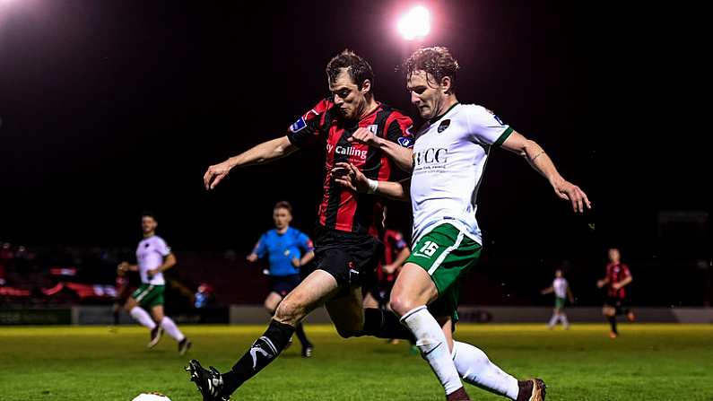 9 September 2017; Kieran Sadlier of Cork City in action against Noel Haverty of Longford Town during the Irish Daily Mail FAI Cup Quarter-Final match between Longford Town and Cork City at The City Calling Stadium in Longford. Photo by Stephen McCarthy/Sportsfile