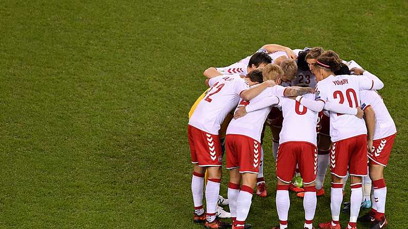 14 November 2017; The Denmark team gather in a huddle prior to the FIFA 2018 World Cup Qualifier Play-off 2nd leg match between Republic of Ireland and Denmark at Aviva Stadium in Dublin. Photo by Brendan Moran/Sportsfile