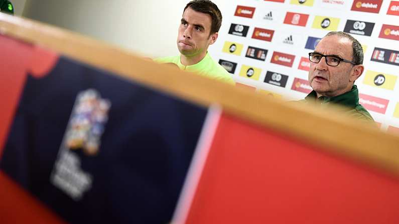 5 September 2018; Republic of Ireland manager Martin O'Neill and captain Seamus Coleman during a press conference at Cardiff City Stadium in Cardiff, Wales. Photo by Stephen McCarthy/Sportsfile