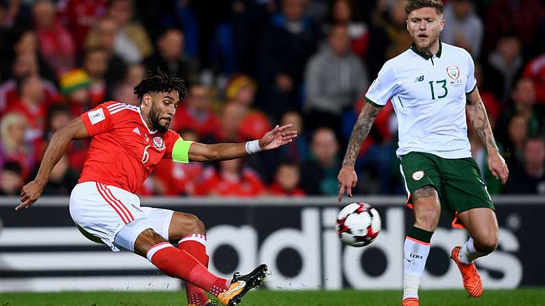 9 October 2017; Ashley Williams of Wales in action against Jeff Hendrick of Republic of Ireland during the FIFA World Cup Qualifier Group D match between Wales and Republic of Ireland at Cardiff City Stadium in Cardiff, Wales. Photo by Stephen McCarthy/Sportsfile