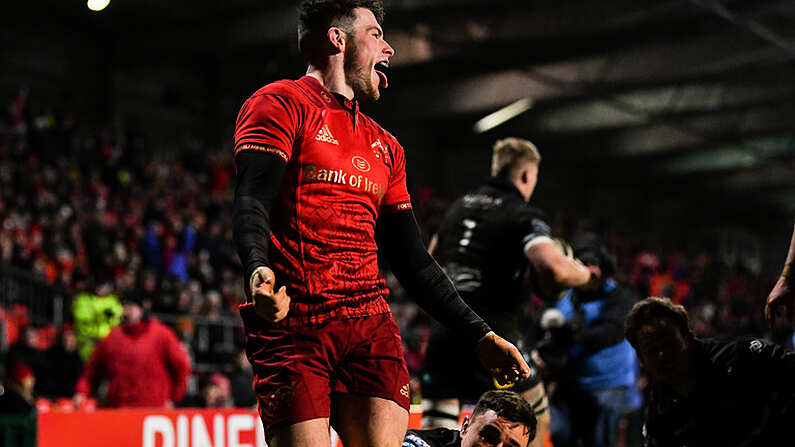 23 February 2018; Calvin Nash of Munster celebrates after scoring a try which was subsequently disallowed during the Guinness PRO14 Round 16 match between Munster and Glasgow Warriors at Irish Independent Park in Cork. Photo by Diarmuid Greene/Sportsfile