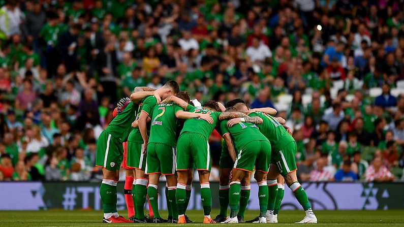 2 June 2018; The Republic of Ireland team huddle prior to the International Friendly match between Republic of Ireland and the United States at the Aviva Stadium in Dublin. Photo by Seb Daly/Sportsfile