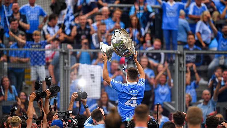 2 September 2018; Eoin Murchan of Dublin lifts the Sam Maguire Cup in front of Hill 16 after the GAA Football All-Ireland Senior Championship Final match between Dublin and Tyrone at Croke Park in Dublin. Photo by Brendan Moran/Sportsfile