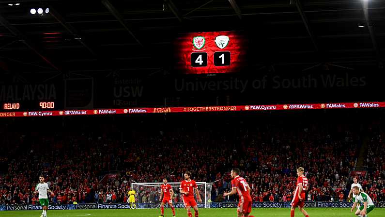 6 September 2018; A general view of Cardiff City Stadium with the scoreboard showing the final score of Wales 4 Republic of Ireland 1 during the UEFA Nations League match between Wales and Republic of Ireland at the Cardiff City Stadium in Cardiff, Wales. Photo by Stephen McCarthy/Sportsfile