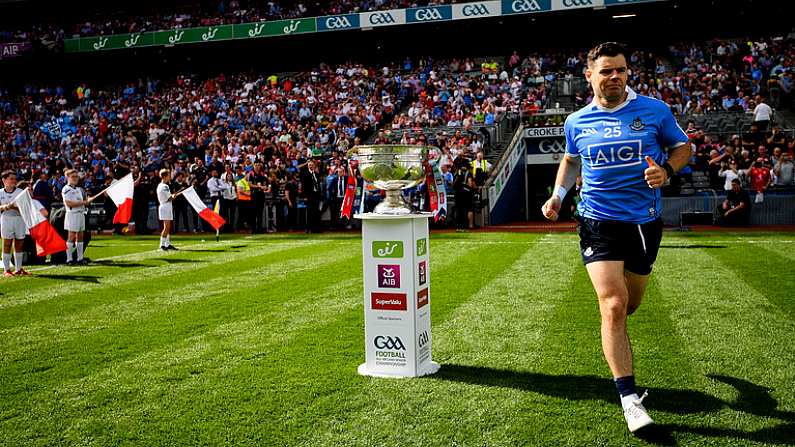 2 September 2018; Kevin McManamon of Dublin runs onto the pitch prior to the GAA Football All-Ireland Senior Championship Final match between Dublin and Tyrone at Croke Park in Dublin. Photo by Stephen McCarthy/Sportsfile