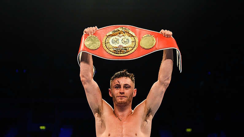 10 June 2017; Ryan Burnett celebrates after defeating Lee Haskins in their IBF World Bantamweight Championship bout at the Boxing in Belfast in the SSE Arena, Belfast. Photo by David Fitzgerald/Sportsfile