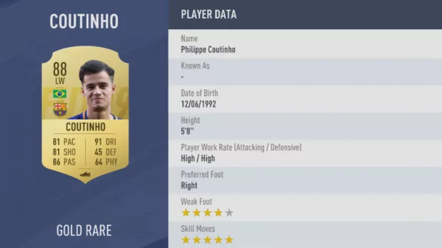 Coutinho FIFA 19 rating