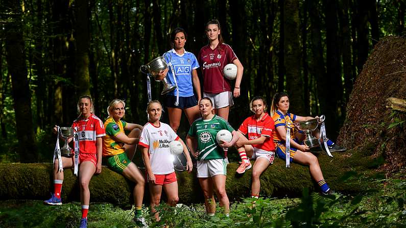 3 July 2018; Breaking new ground: Top inter-county stars took in the breath-taking scenery at Mullaghmeen Forest in county Westmeath, to launch the revamped 2018 TG4 All-Ireland championships. TG4 have announced a four-year extension of their sponsorship of the Ladies Football championships, with the new deal set to last until the conclusion of the 2022 season. 17 Ladies Football championship games will be broadcast this summer exclusively live on TG4, with the senior and intermediate championships to be played on a new, round-robin basis. Pictured are, from left, Rebecca Carr of Louth, Karen Guthrie of Donegal, Neamh Woods of Tyrone, Niamh McEvoy of Dublin, Cathy Mee of Limerick, Aine McDonagh of Galway, Melissa Duggan of Cork, and Laurie Ryan, of Clare at Mullaghmeen Forest, Co. Westmeath. Photo by Seb Daly / Sportsfile