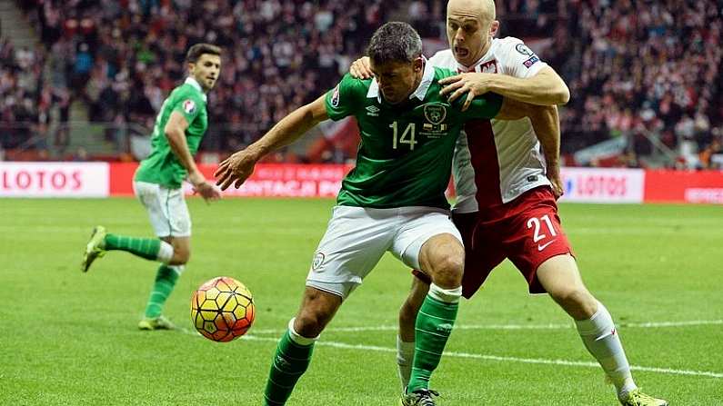 11 October 2015; Jon Walters, Republic of Ireland, in action against Michal Pazdan, Poland. UEFA EURO 2016 Championship Qualifier, Group D, Poland v Republic of Ireland. Stadion Narodowy, Warsaw, Poland. Picture credit: David Maher / SPORTSFILE