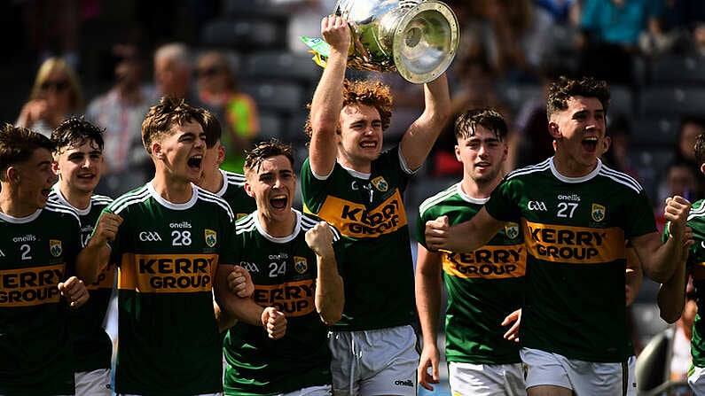 2 September 2018; Paul Walsh of Kerry celebrates with the Tom Markham Cup after the Electric Ireland GAA Football All-Ireland Minor Championship Final match between Kerry and Galway at Croke Park in Dublin. Photo by Piaras O Midheach/Sportsfile