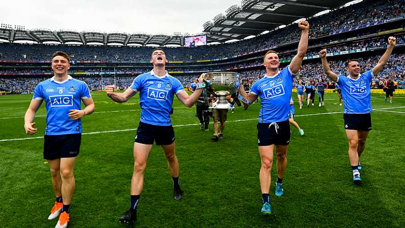 2 September 2018; Dublin players, from left, John Small, Brian Fenton, Ciaran Kilkenny and Cormac Costello with the Sam Maguire cup following the GAA Football All-Ireland Senior Championship Final match between Dublin and Tyrone at Croke Park in Dublin. Photo by Ramsey Cardy/Sportsfile