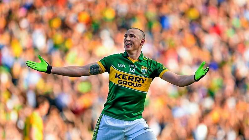 21 September 2014; Kieran Donaghy, Kerry, celebrates after scoring his side's second goal. GAA Football All Ireland Senior Championship Final, Kerry v Donegal. Croke Park, Dublin. Picture credit: Stephen McCarthy / SPORTSFILE