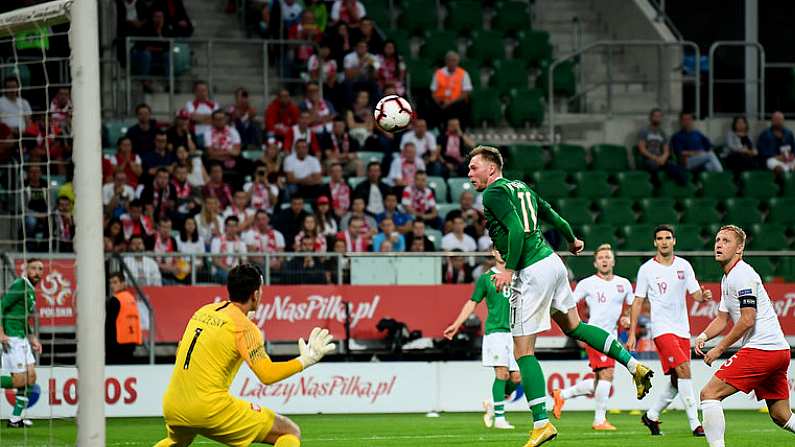 11 September 2018; Aiden O'Brien of Republic of Ireland scores his side's first goal during the International Friendly match between Poland and Republic of Ireland at the Municipal Stadium in Wroclaw, Poland. Photo by Stephen McCarthy/Sportsfile