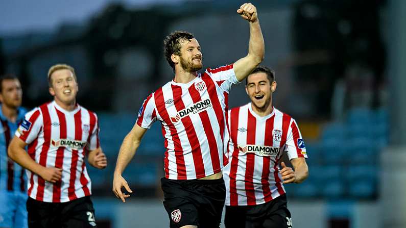 12 September 2014; Ryan McBride of Derry City celebrates after scoring his side's first goal during the FAI Ford Cup Quarter-Final match between Drogheda United and Derry Cit at United Park in Drogheda, Co Louth. Derry City captain Ryan McBride passed away suddenly at the age of 27. Photo by Paul Mohan / SPORTSFILE