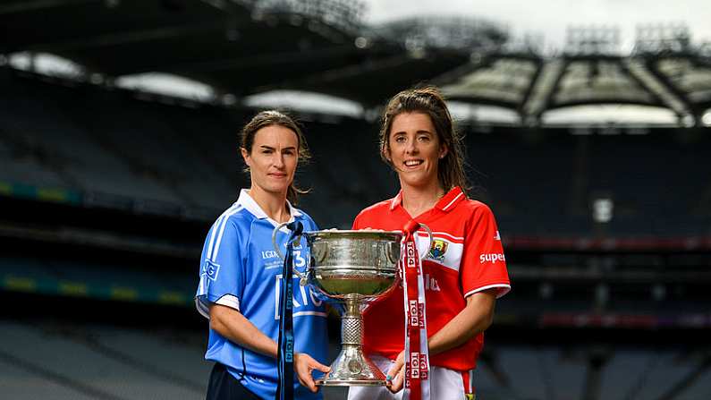 11 September 2018; In attendance at a photocall ahead of the TG4 All-Ireland Junior, Intermediate and Senior Ladies Football Championship Finals on Sunday next, are Senior finalists, captain Ciara O'Sullivan of Cork, right, and captain Sinead Aherne of Dublin. TG4 All-Ireland Ladies Football Championship Finals Captains Day at Croke Park, in Dublin. Photo by Eoin Noonan/Sportsfile