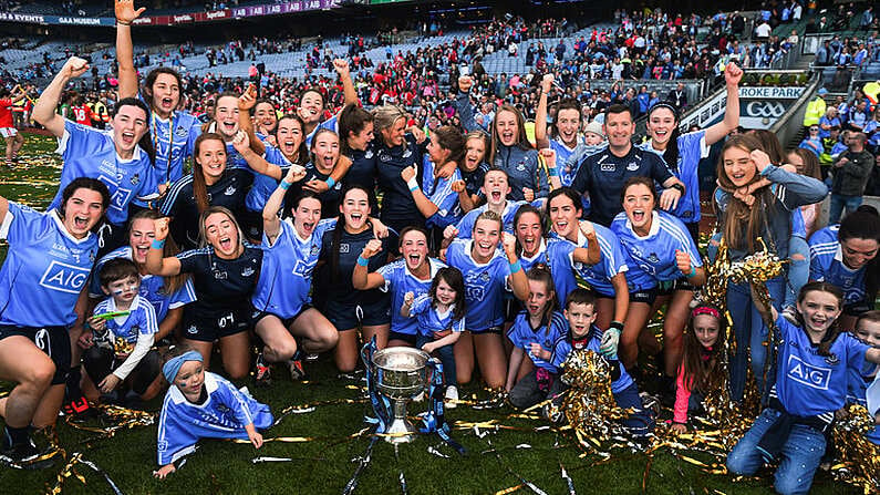 16 September 2018; The Dublin team celebrate with the Brendan Martin cup following the TG4 All-Ireland Ladies Football Senior Championship Final match between Cork and Dublin at Croke Park, Dublin. Photo by David Fitzgerald/Sportsfile