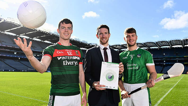 18 September 2018; Stephen Coen of Mayo, left, Seamus Hickey, CEO of the GPA, centre, and Seamus Flanagan of Limerick in attendance during the launch of the ESRI Report into Playing Senior Intercounty Gaelic Games at Croke Park in Dublin. Photo by Sam Barnes/Sportsfile