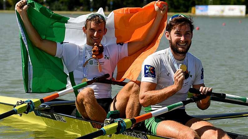 15 September 2018; Paul O'Donovan, right, and Gary O'Donovan of Ireland celebrate following their victory in the Lightweight Men's Double Sculls Final on day seven of the World Rowing Championships in Plovdiv, Bulgaria. Photo by Seb Daly/Sportsfile