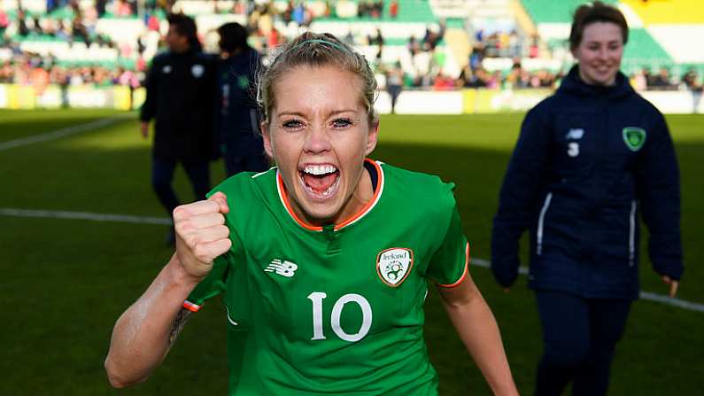 6 April 2018; Denise O'Sullivan of Republic of Ireland celebrates following the 2019 FIFA Women's World Cup Qualifier match between Republic of Ireland and Slovakia at Tallaght Stadium in Tallaght, Dublin. Photo by Stephen McCarthy/Sportsfile