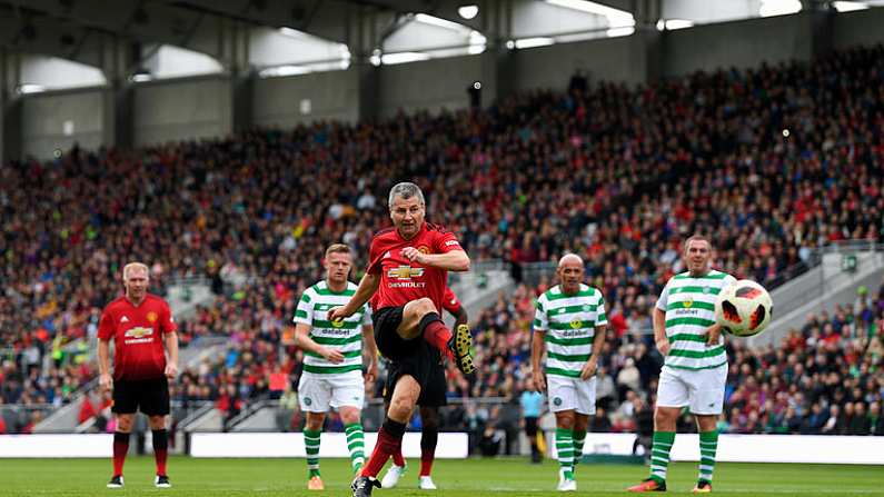 25 September 2018; Denis Irwin of Manchester United Legends scores his side's opening goal from a penalty during the Liam Miller Memorial match between Manchester United Legends and Republic of Ireland & Celtic Legends at Pairc Ui Chaoimh in Cork. Photo by Stephen McCarthy/Sportsfile