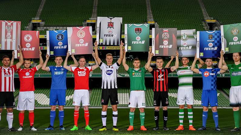 26 September 2018; SSE Airtricity League players, from left, Gavin Peers of Derry City FC, David Cawley of Sligo Rovers, Killian Brouder of Limerick, Ian Bermingham of St Patricks Athletic, Daniel Cleary of Dundalk, Colm Horgan of Cork City, Darragh Leahy of Bohemians, Lee Grace of Shamrock Rovers, Derek Daly of Waterford FC and Hughie Douglas of Bray Wanderers at the launch of the FIFA 19 SSE Airtricity League Club Packs, in the Aviva Stadium, available from https://www.easports.com/uk/fifa/club-packs when the game launches this Friday 28th September! Featuring the individual club crest of all 10 Premier Division teams, 1 will be donated to the Liam Miller fund for every free sleeve download from Friday 28th September  Friday 5th October. Photo by Stephen McCarthy/Sportsfile