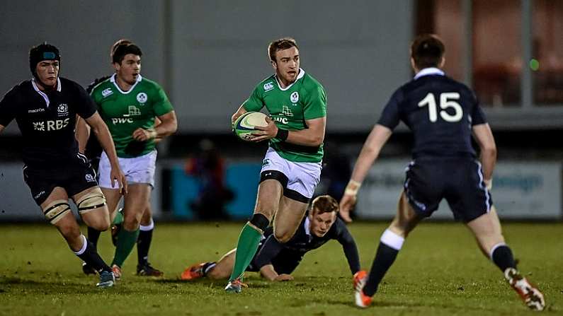 20 March 2015; Ciaran Gaffney, Ireland, makes a break down the pitch on the way to setting up his side's first try. U20's Six Nations Rugby Championship, Scotland v Ireland. Netherdale, Galashiels, Scotland. Picture credit: Brendan Moran / SPORTSFILE