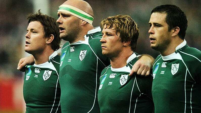 21 September 2007; Ireland players, from left, captain Brian O'Driscoll, John Hayes, Jerry Flannery and Marcus Horan stand for Ireland's Call. 2007 Rugby World Cup, Pool D, Ireland v France, The Stade de France, Saint Denis, Paris, France. Picture credit; Brendan Moran / SPORTSFILE