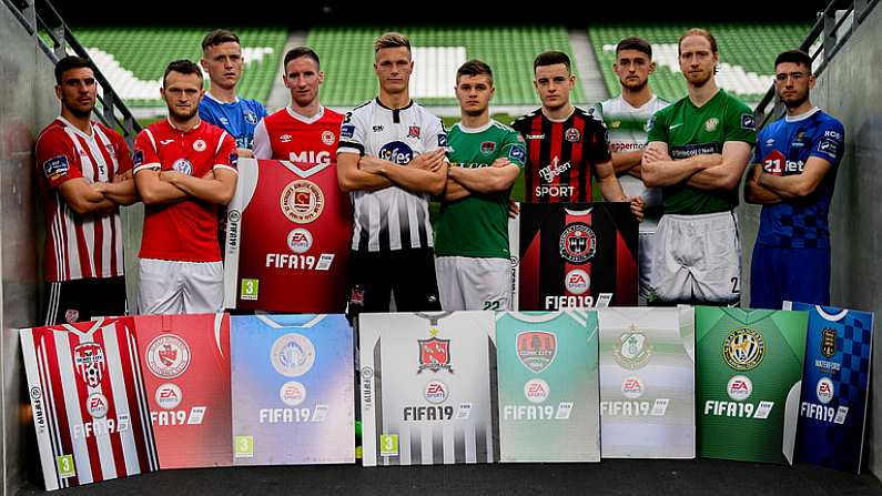 26 September 2018; SSE Airtricity League players, from left, Gavin Peers of Derry City FC, David Cawley of Sligo Rovers, Killian Brouder of Limerick, Ian Bermingham of St Patricks Athletic, Daniel Cleary of Dundalk, Colm Horgan of Cork City, Darragh Leahy of Bohemians, Lee Grace of Shamrock Rovers, Hughie Douglas of Bray Wanderers and Derek Daly of Waterford FC at the launch of the FIFA 19 SSE Airtricity League Club Packs, in the Aviva Stadium, available from https://www.easports.com/uk/fifa/club-packs when the game launches this Friday 28th September! Featuring the individual club crest of all 10 Premier Division teams, 1 will be donated to the Liam Miller fund for every free sleeve download from Friday 28th September  Friday 5th October. Photo by Stephen McCarthy/Sportsfile