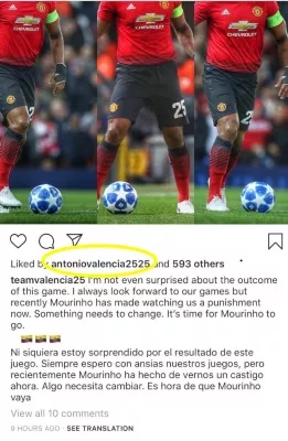 antonio valencia instagram post mourinho out