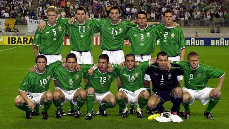 5 June 2002; The Republic of Ireland team who drew with Germany. Back row, from left, Steve Staunton, captain, Kevin Kilbane, Gary Breen, Ian Harte and Steve Finnan. Front, from left, Robbie Keane, Matt Holland, Mark Kinsella, Gary Kelly, Shay Given and Damien Duff. FIFA World Cup Finals, Group E, Republic of Ireland v Germany, Ibaraki Stadium, Ibaraki, Japan. Picture credit: David Maher / SPORTSFILE