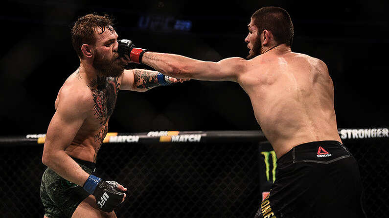 6 October 2018; Conor McGregor, left, in action against Khabib Nurmagomedov in their UFC lightweight championship fight during UFC 229 at T-Mobile Arena in Las Vegas, Nevada, USA. Photo by Stephen McCarthy/Sportsfile